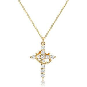 Diamond Crown Cross Necklace 14KWhite  Gold Plated Faith Pendant for Women Gift